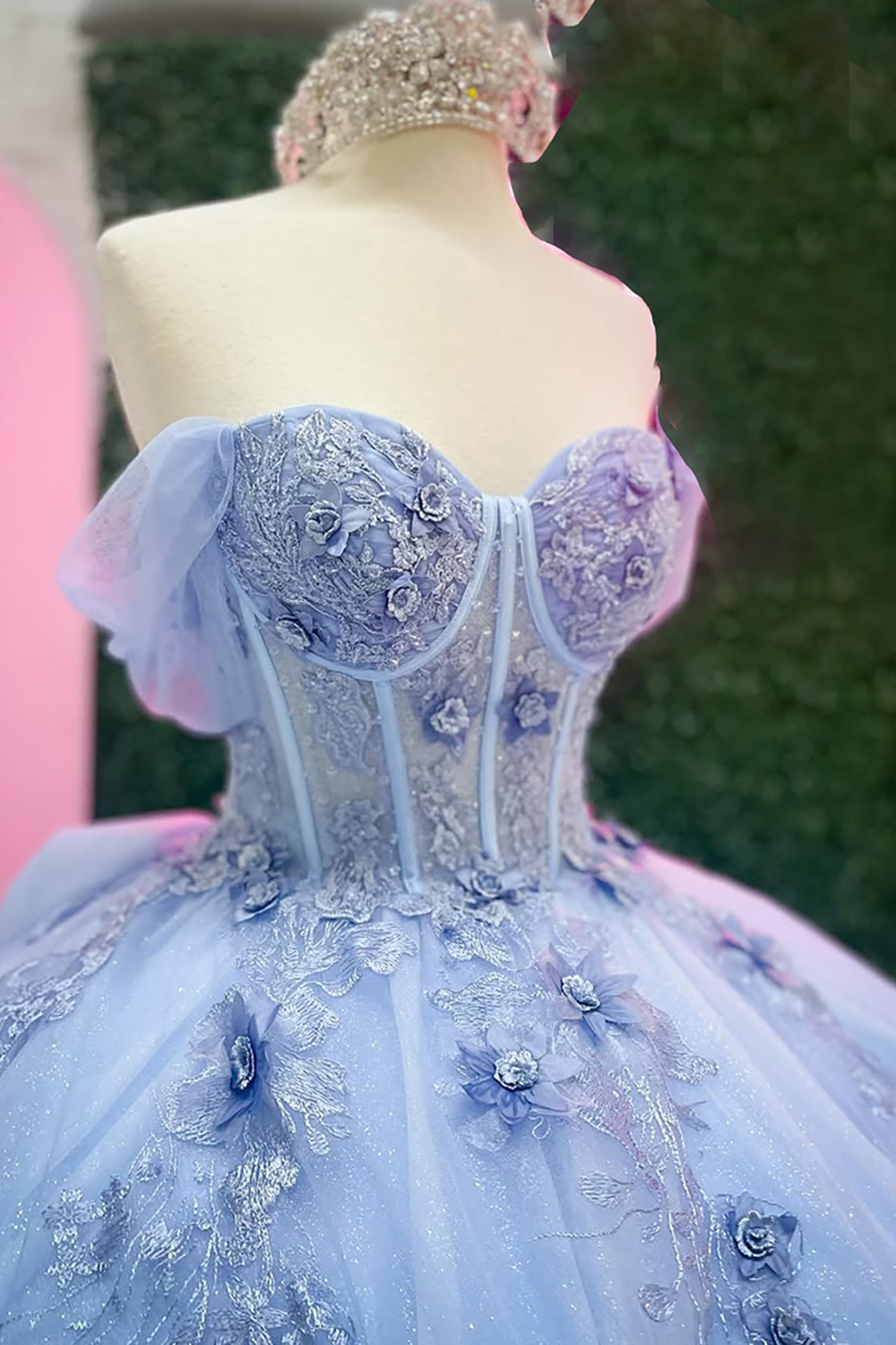 Off the Shoulder Blue Princess Organza Quinceanera Dress Featuring a Bow and Applique