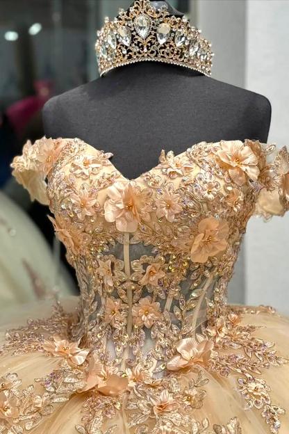 Off-the-Shoulder Champagne Ball Gown with Applique and Train for Quinceanera