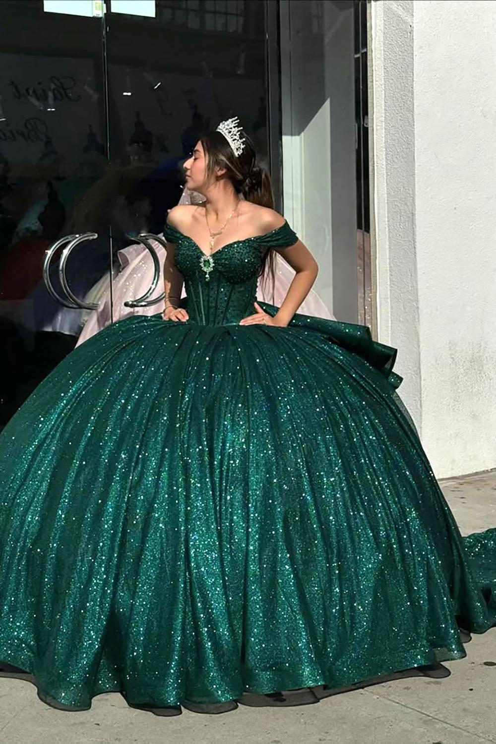 Dark Green Sparkly Off-the-Shoulder Princess Corset Dress with Sequins for Quincea?era