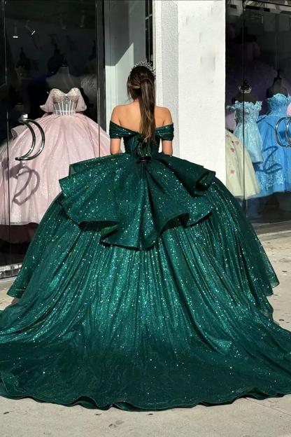 Dark Green Sparkly Off-the-Shoulder Princess Corset Dress with Sequins for Quincea?era