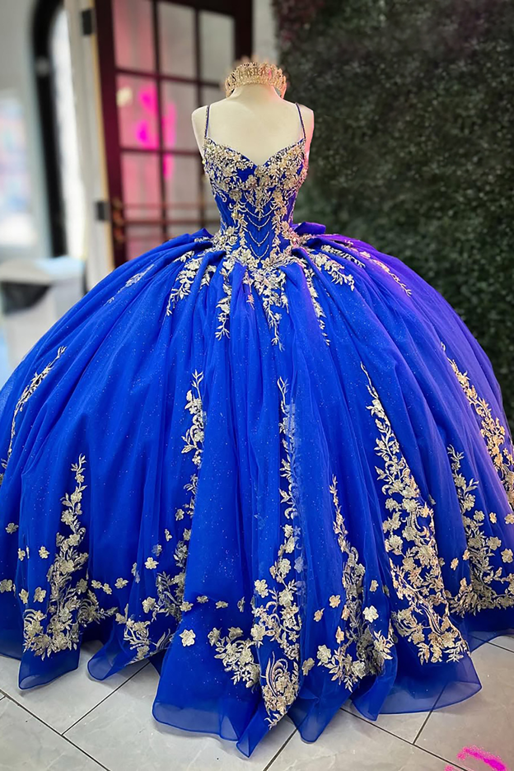 Princess Quinceanera Corset Dress in Royal Blue with Tulle and Spaghetti Straps, Featuring Appliques