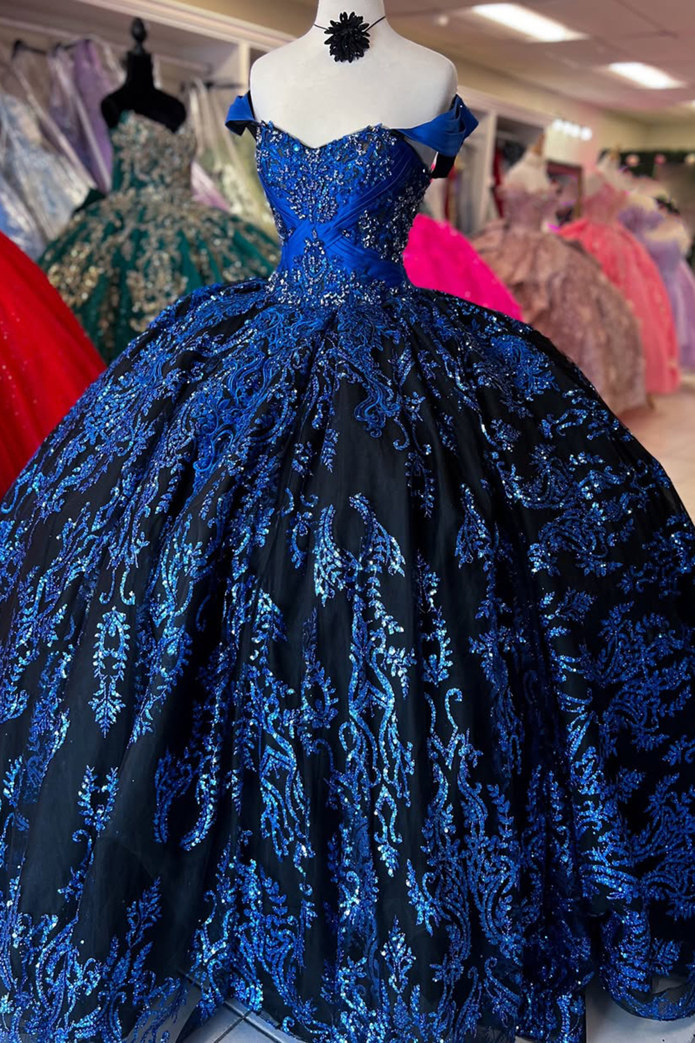 Royal Blue Sparkly Off-the-Shoulder Princess Quinceanera Dress with Sequins and Appliques