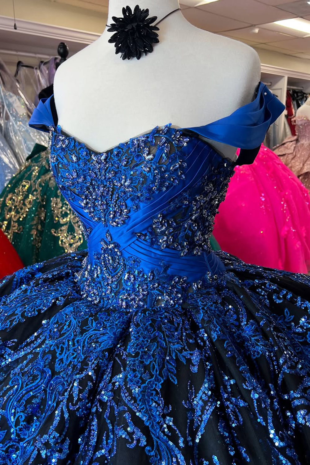 Royal Blue Sparkly Off-the-Shoulder Princess Quinceanera Dress with Sequins and Appliques
