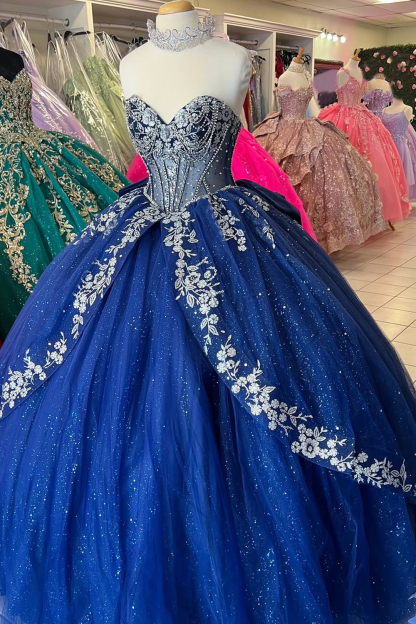 Navy Sparkle Princess Quinceanera Dress with Off-Shoulder Beaded Tulle Applique