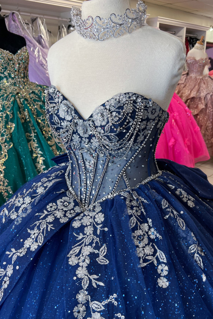 Navy Sparkle Princess Quinceanera Dress with Off-Shoulder Beaded Tulle Applique