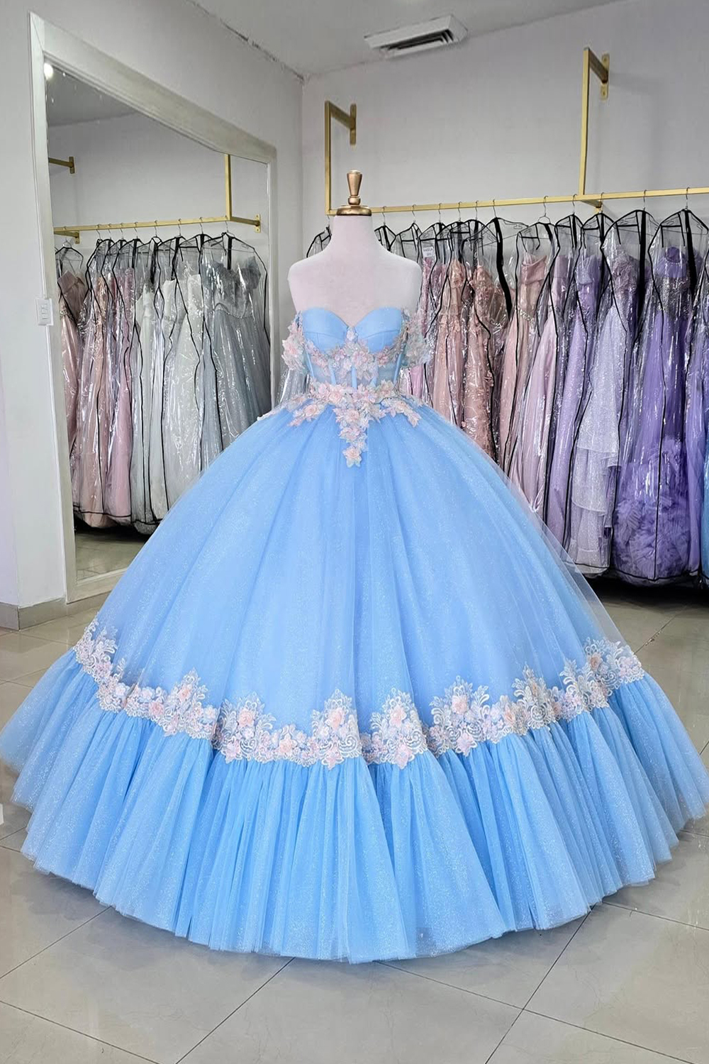 Off-the-Shoulder Blue Applique Tulle Ball Gown for Quinceanera