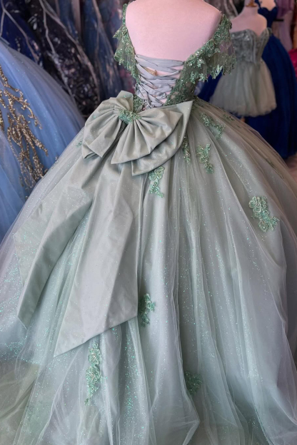 V-Neck Ball Gown in Grey Green with Tulle Applique and Bow for Quinceanera