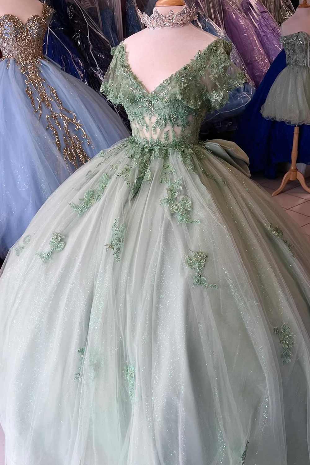 V-Neck Ball Gown in Grey Green with Tulle Applique and Bow for Quinceanera