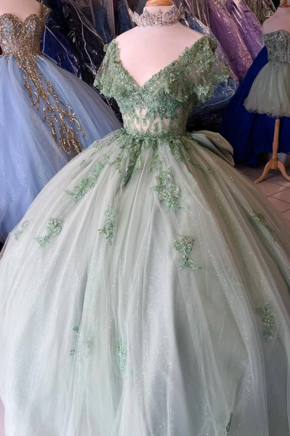 V-Neck Ball Gown in Grey Green with Tulle Applique and Bow for Quinceanera