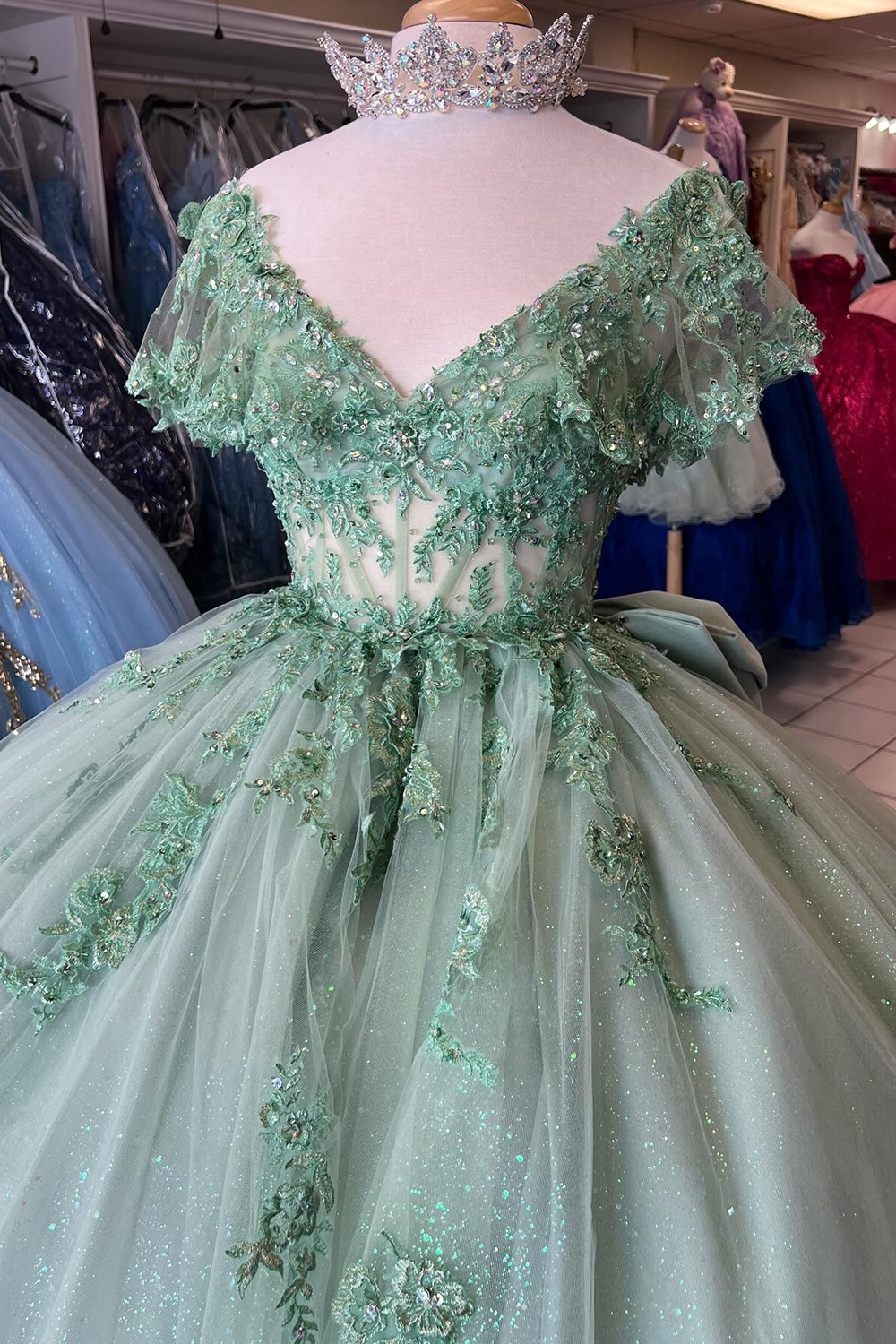 V-Neck Ball Gown in Grey Green with Tulle Applique and Bow for Quinceanera