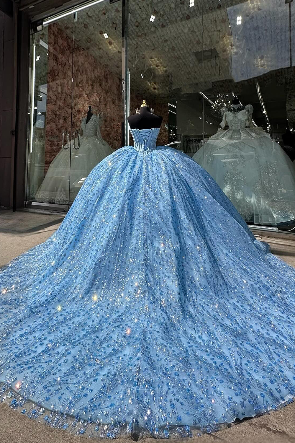 Sweetheart Ball Gown with Sparkly Blue Sequins and Beading for Quinceanera