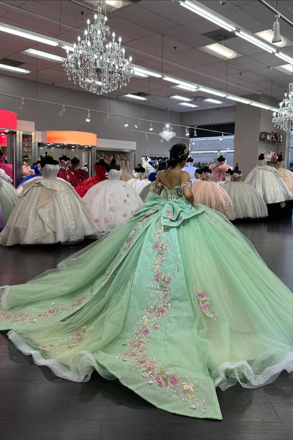 Princess Quinceanera Dress in Light Green with Off-the-Shoulder Applique and Tulle Bow