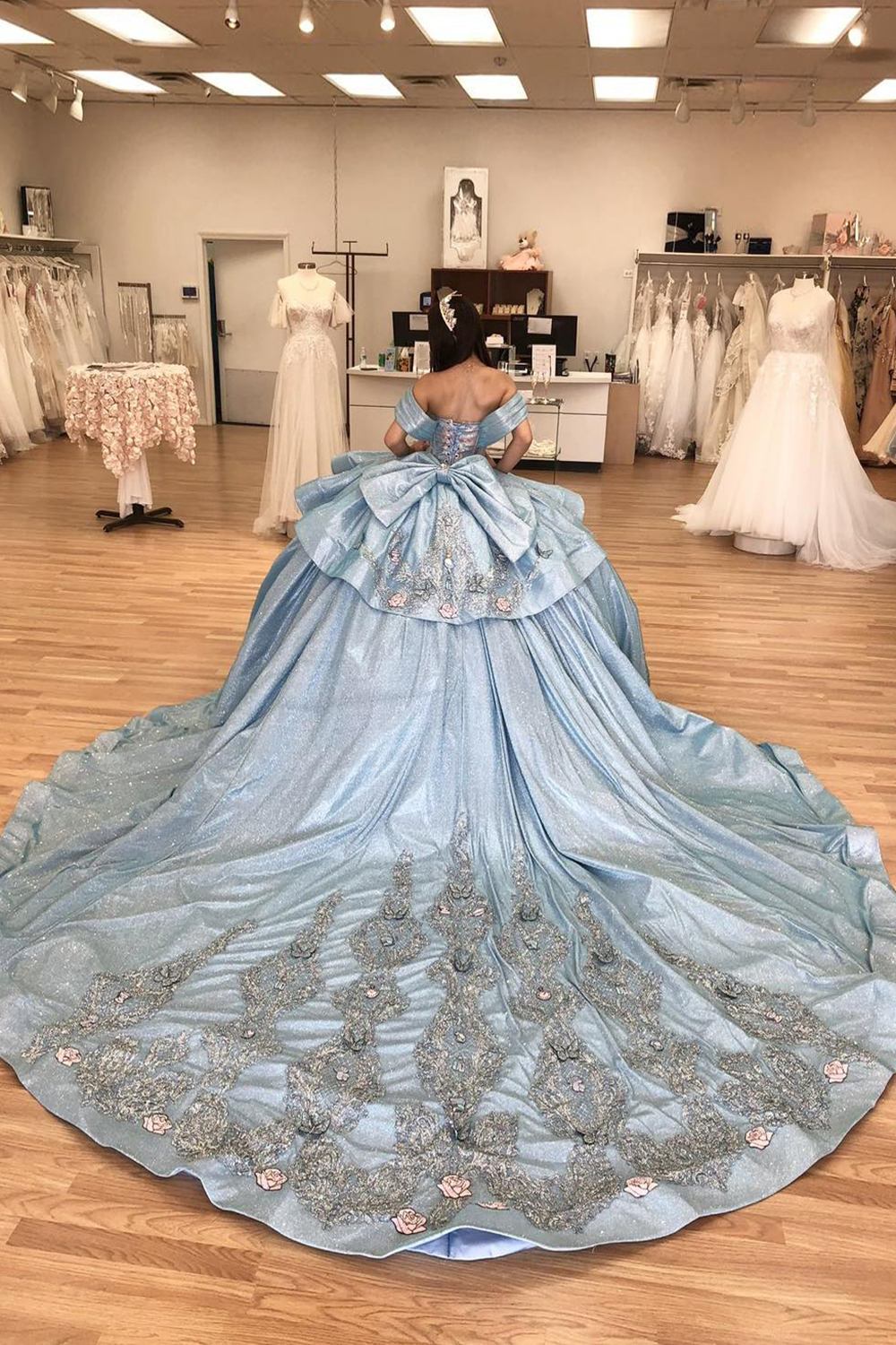 Grey Blue Glitter Off-the-Shoulder Princess Quinceanera Dress with Sequins and Train
