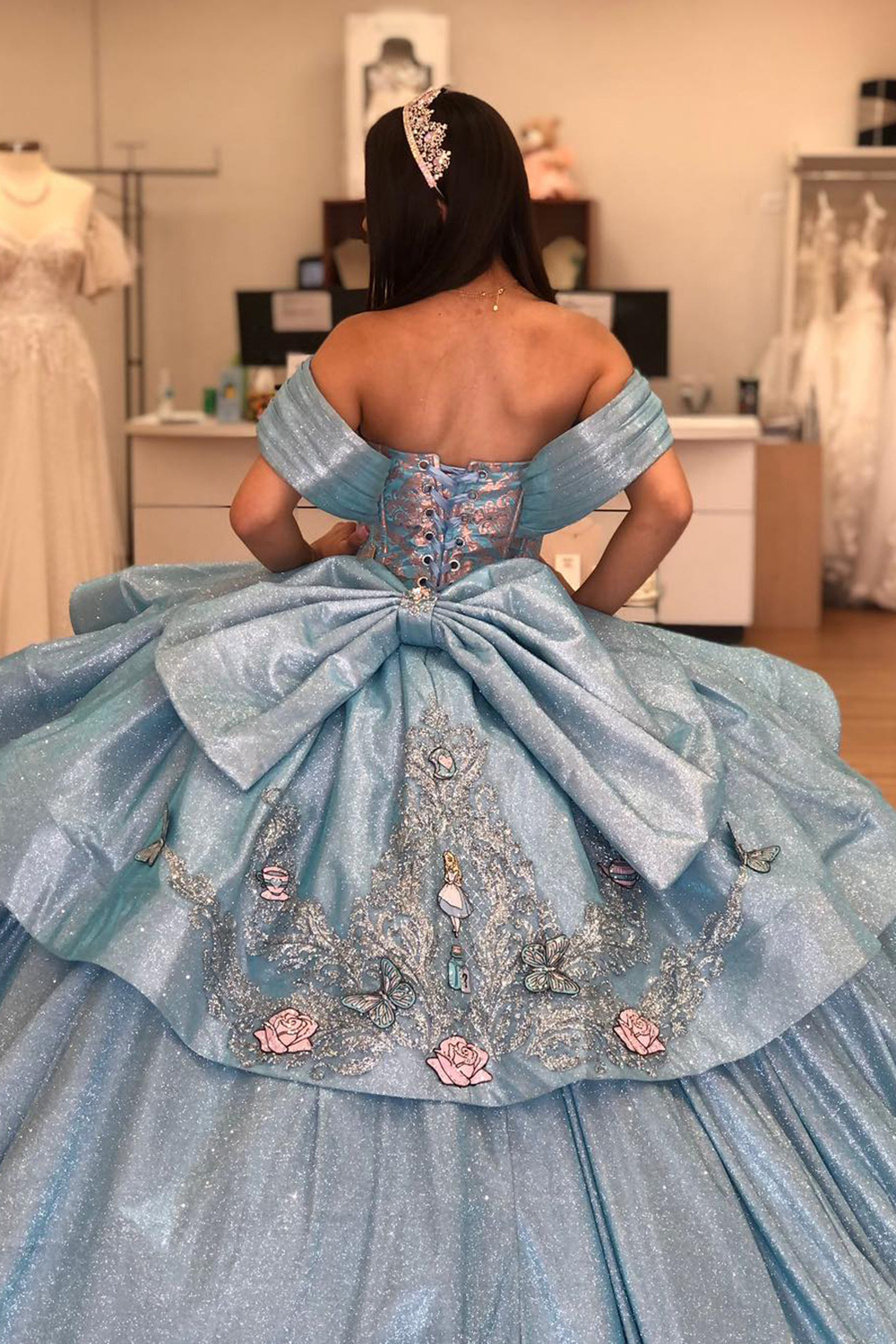Grey Blue Glitter Off-the-Shoulder Princess Quinceanera Dress with Sequins and Train