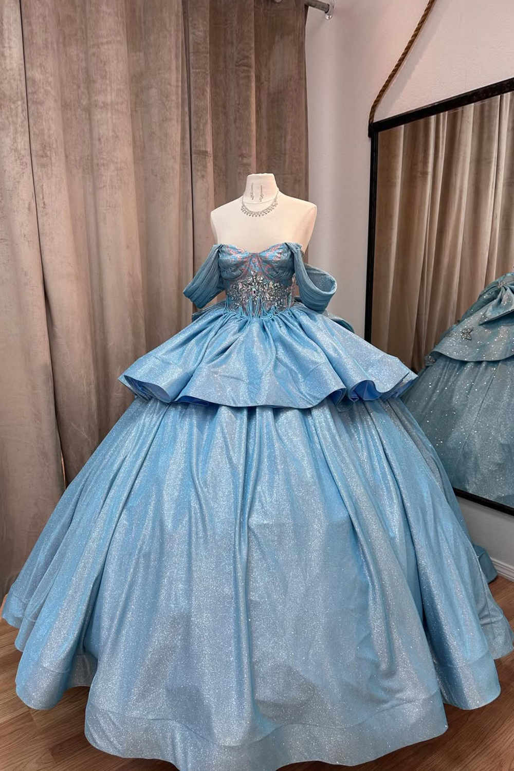 Grey Blue Glitter Off-the-Shoulder Princess Quinceanera Dress with Sequins and Train