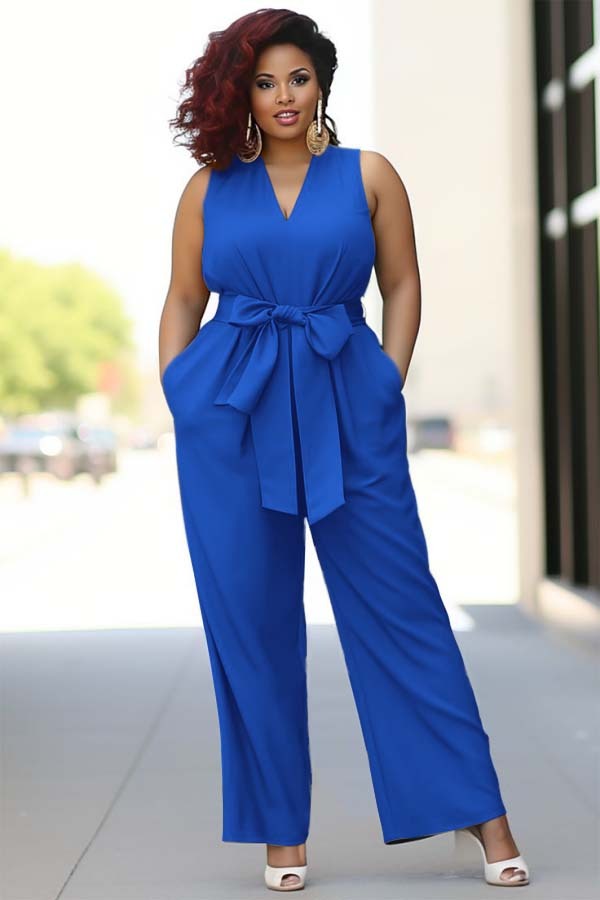 Pool Blue V-Neck Sleeveless Jump Suit With Bow Belt