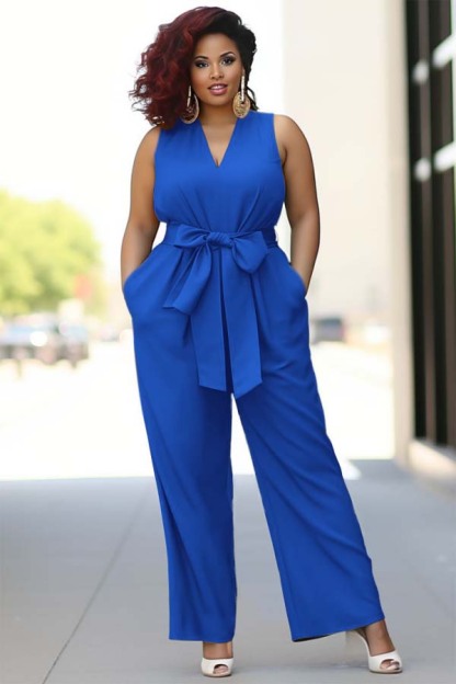 Pool Blue V-Neck Sleeveless Jump Suit With Bow Belt
