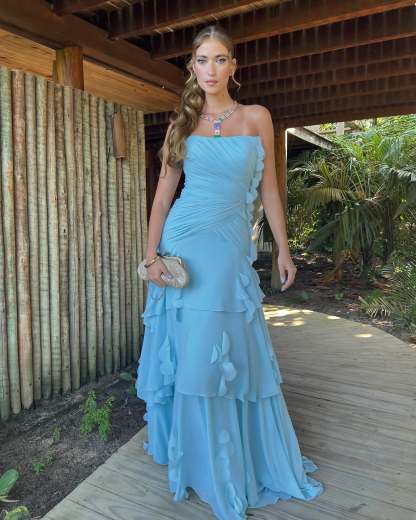 Chic Strapless Sleeveless Long Pleated Formal Dress With Ruffles