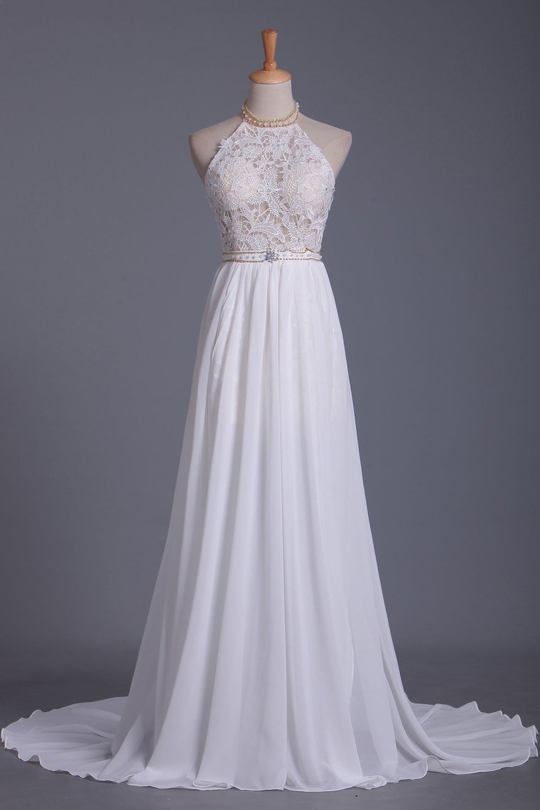 Gorgeous Chiffon A-Line Floor-Length Backless Halter Wedding Dress with Ruffles Pearl Lace