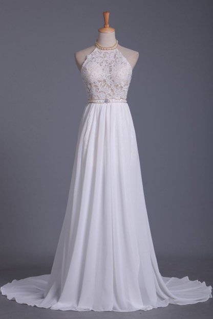 Gorgeous Chiffon A-Line Floor-Length Backless Halter Wedding Dress with Ruffles Pearl Lace