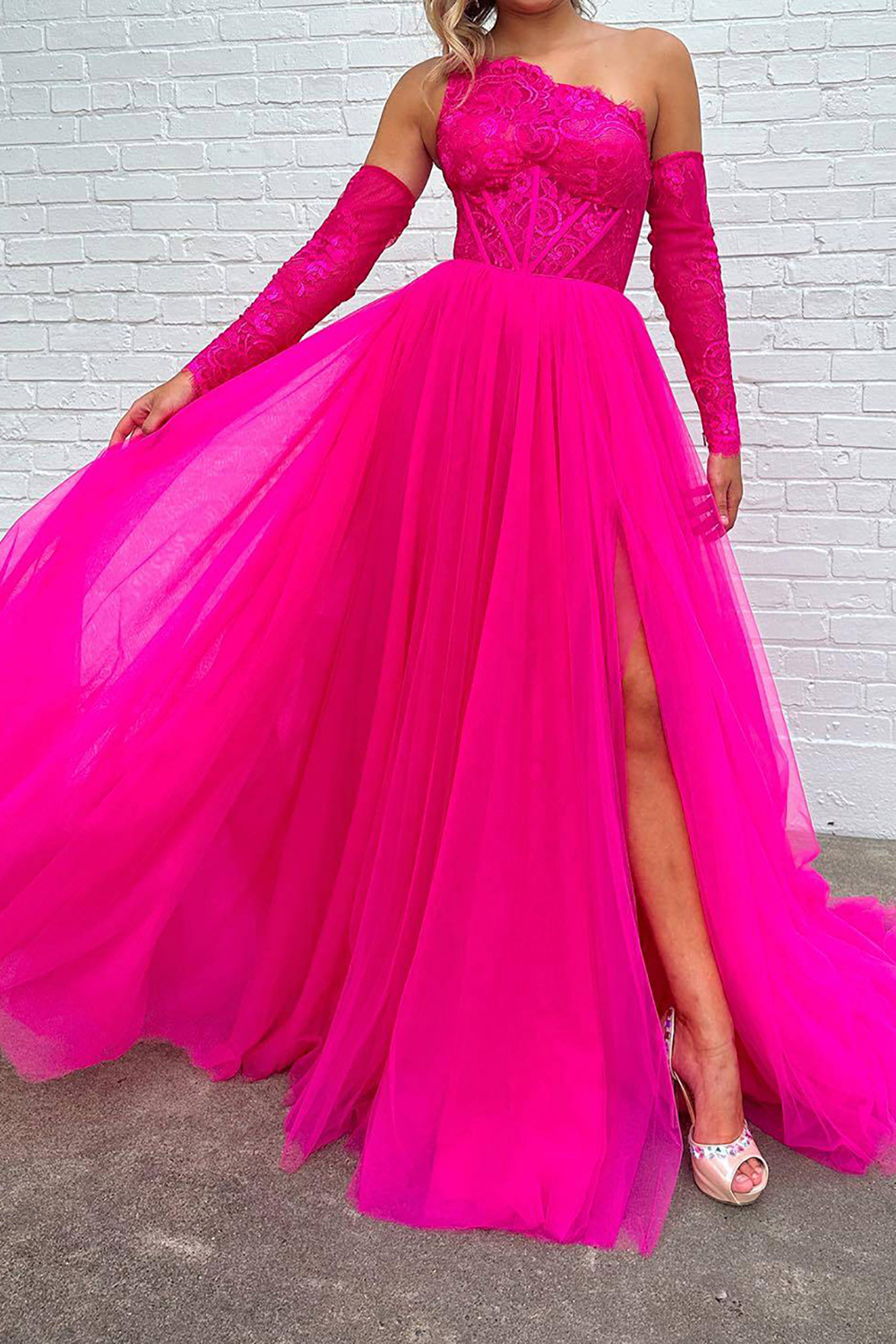 Fuchsia One-Shoulder A-Line Prom Corset Dress with Front Split