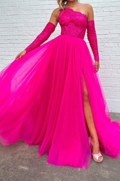 Fuchsia One-Shoulder A-Line Prom Corset Dress with Front Split
