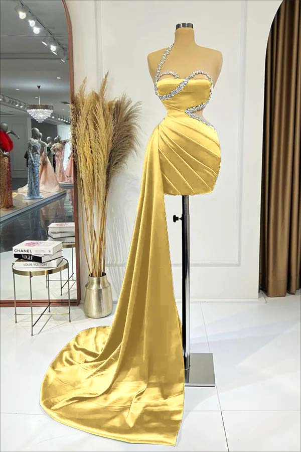 Beaded One-Shoulder Black Pleats Elegant Sexy Side Train Short Mini cocktail Dress