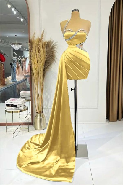 Beaded One-Shoulder Black Pleats Elegant Sexy Side Train Short Mini cocktail Dress