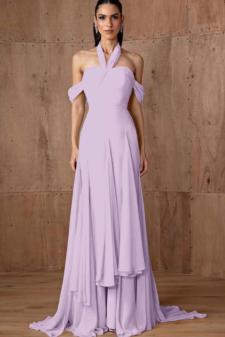 Halter Off the Shoulder Sleeveless Long Formal Dress With Ruffles