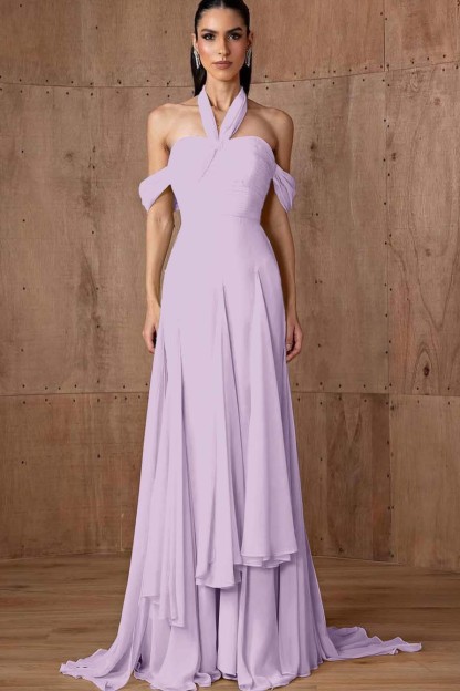 Halter Off the Shoulder Sleeveless Long Formal Dress With Ruffles