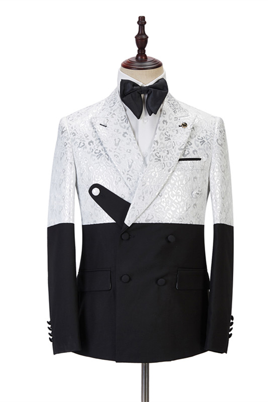 Chic Black and White Peaked Lapel Jacquard Wedding Suit for Men