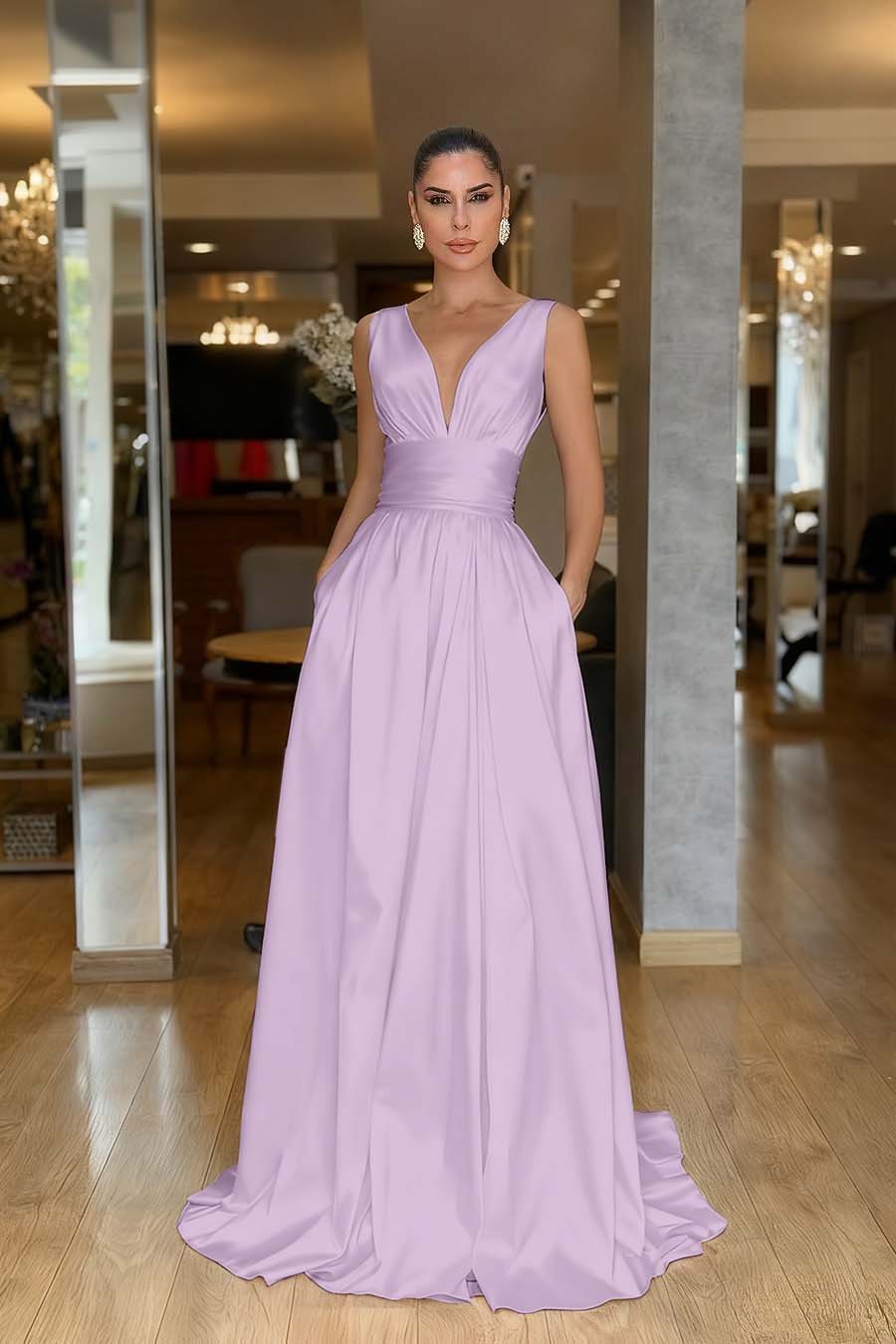 Straps Sleeveless High Waist Long Formal Dress With Pockets Pleated