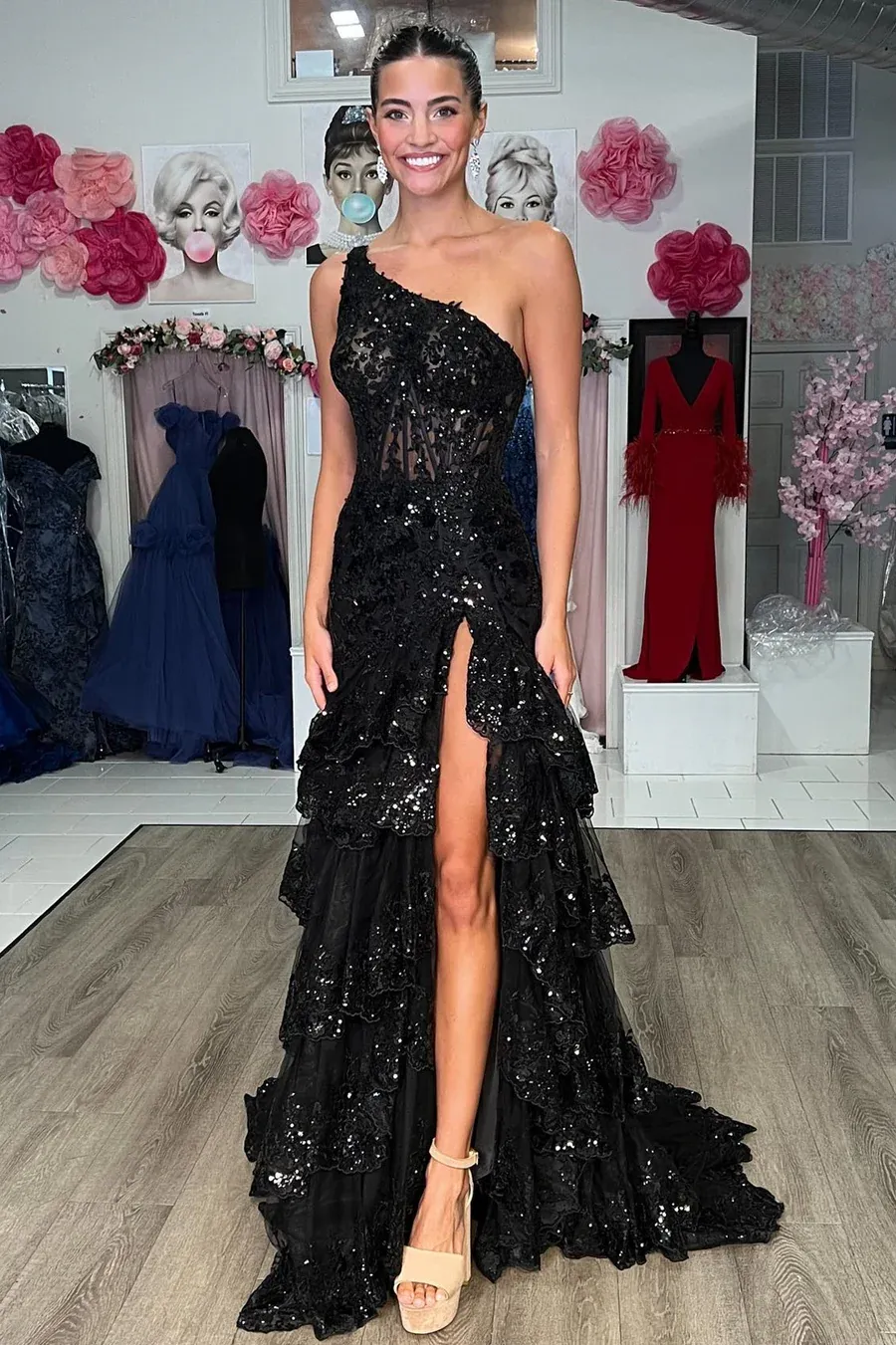 Navy Lace Corset Prom Dress with Sparkly Ruffles and One Shoulder A-Line