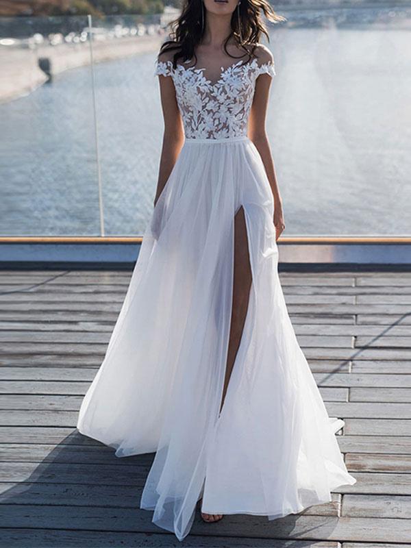 Short Sleeves Appliques Wedding Dress with Split