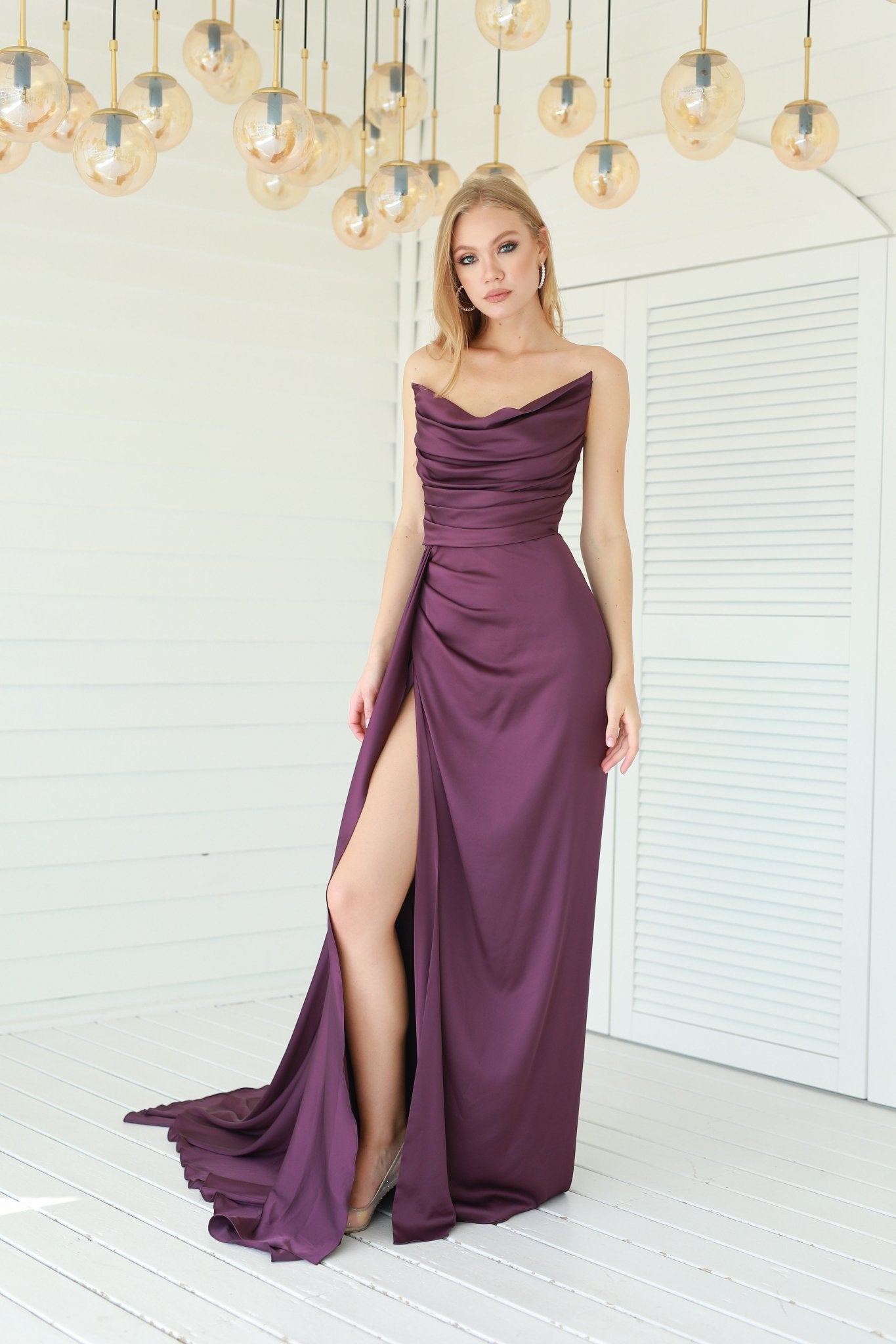 Fashionable Satin Maxi Strapless Wedding Guest or Prom Dress