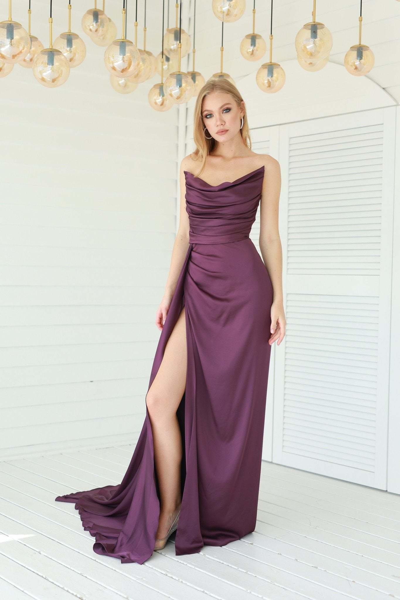 Fashionable Satin Maxi Strapless Wedding Guest or Prom Dress