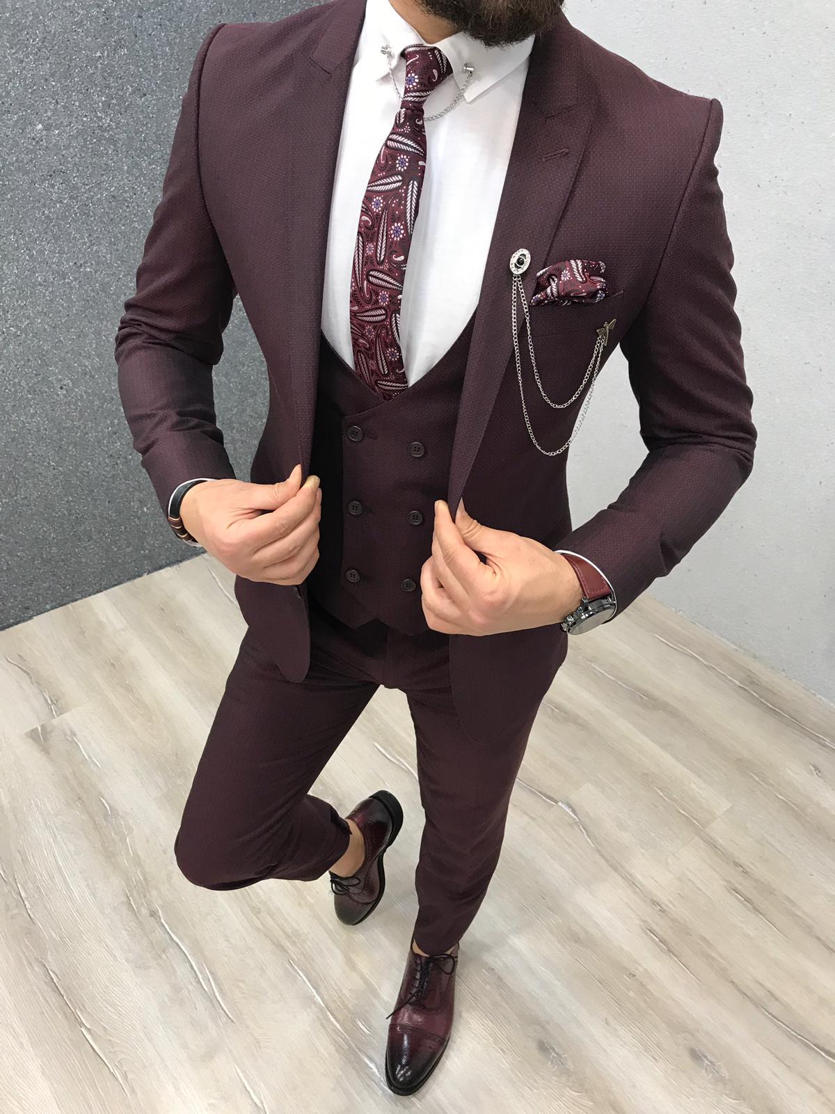 Handsome Burgundy Reception Suit Three Pieces with Peaked Lapel