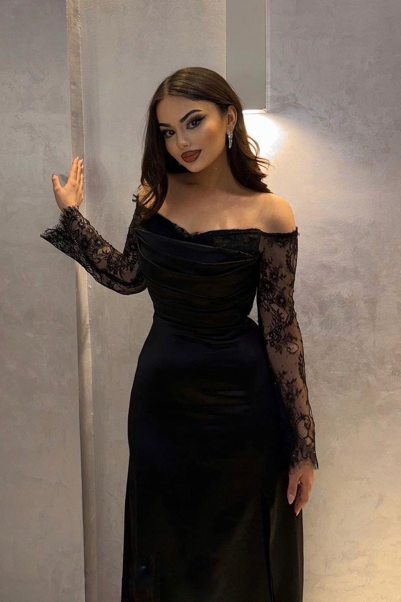 Long Sleeves Off the Shoulder Long Mermaid Formal Dress With Pleated