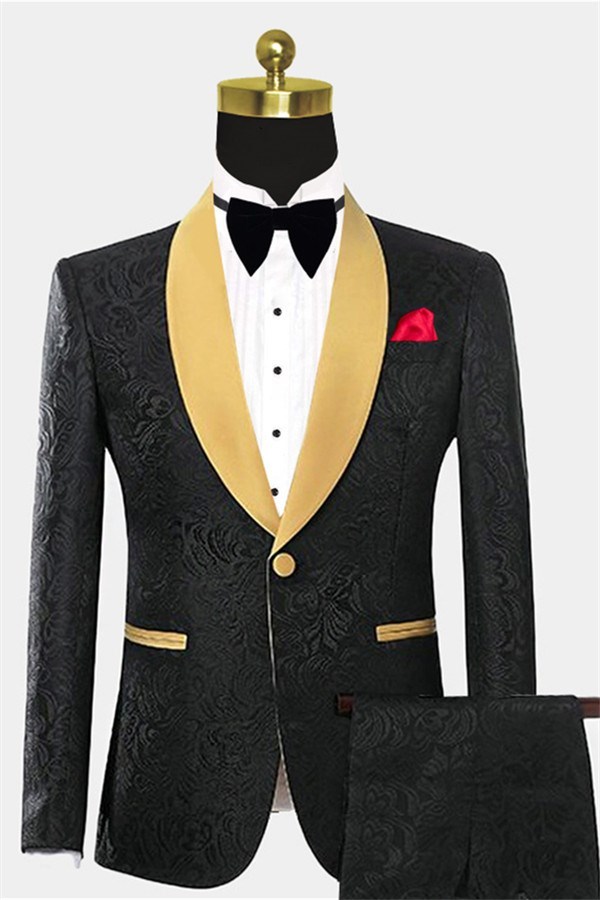 Black One-Button Prom Suits (Jacquard Tuxedo, Two-Piece Set)