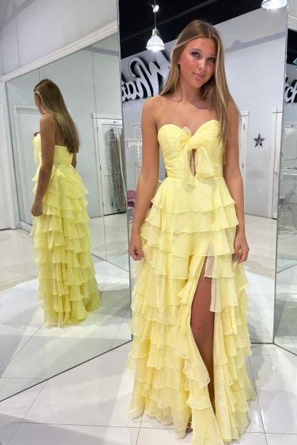 Strapless Sleeveless Long High Split Formal Dress With Pleated