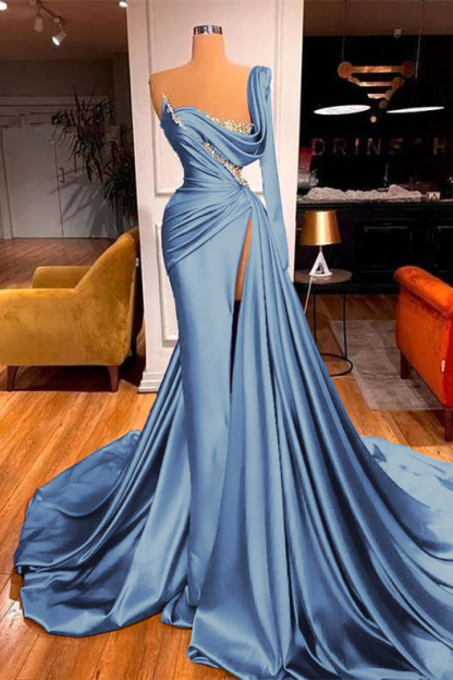 Purple Long Sleeves One-Shoulder Mermaid Beadings Evening Dress Split