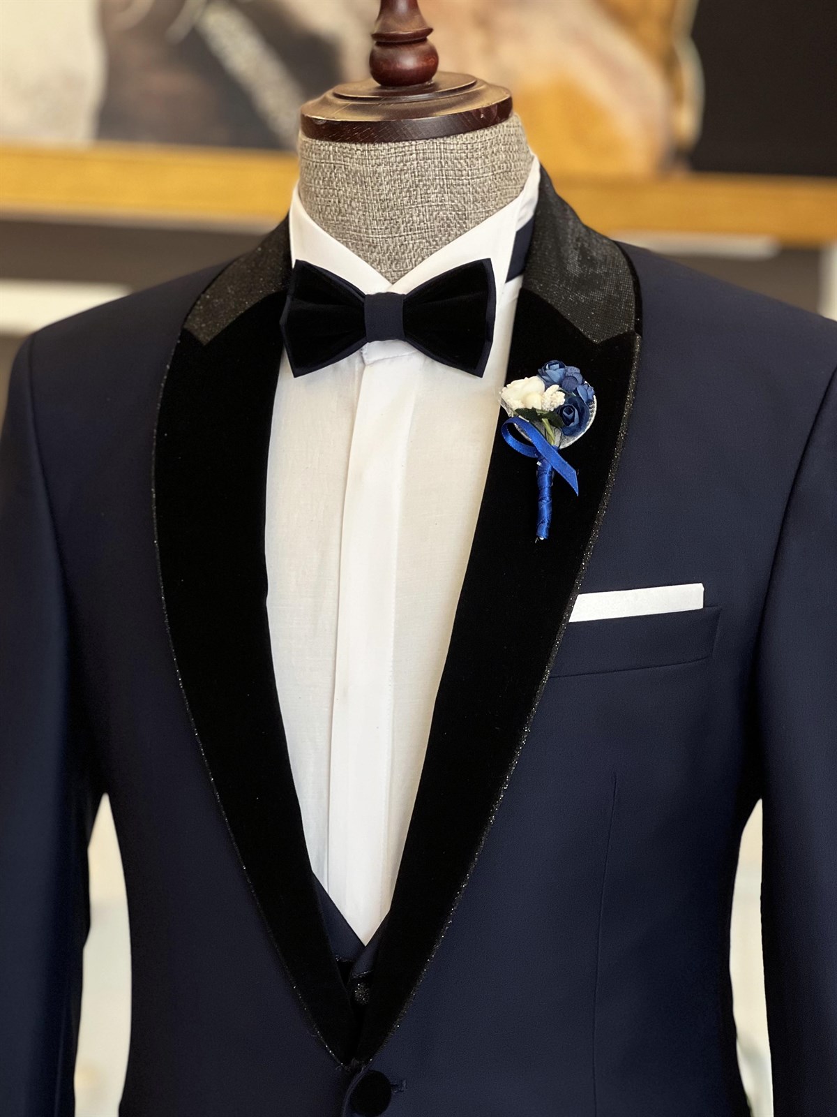 Clement Newest Dark Blue Three-Piece Splicing Shawl Lapel Men's Suits