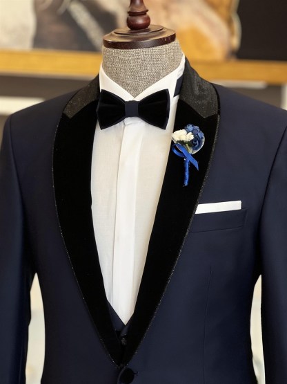 Clement Newest Dark Blue Three-Piece Splicing Shawl Lapel Men's Suits