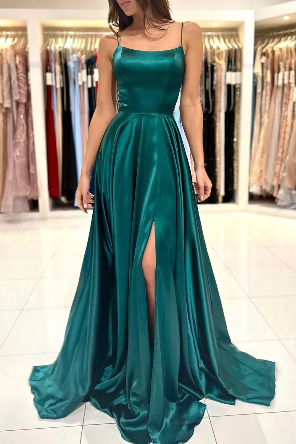 Dark Green Backless Satin Prom Dress with Spaghetti Straps in A-Line