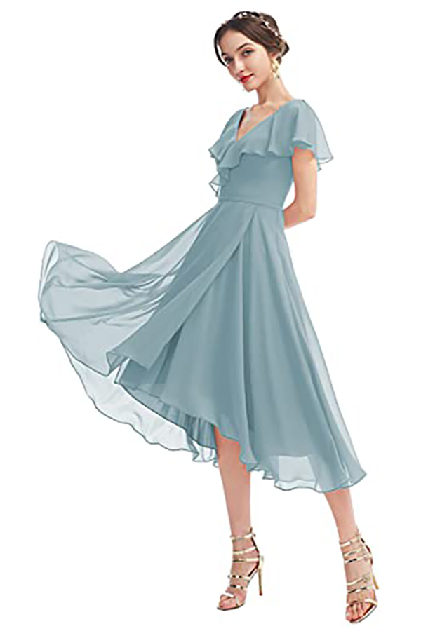V-Neck Short Sleeve Ruffles Bridesmaid Dress