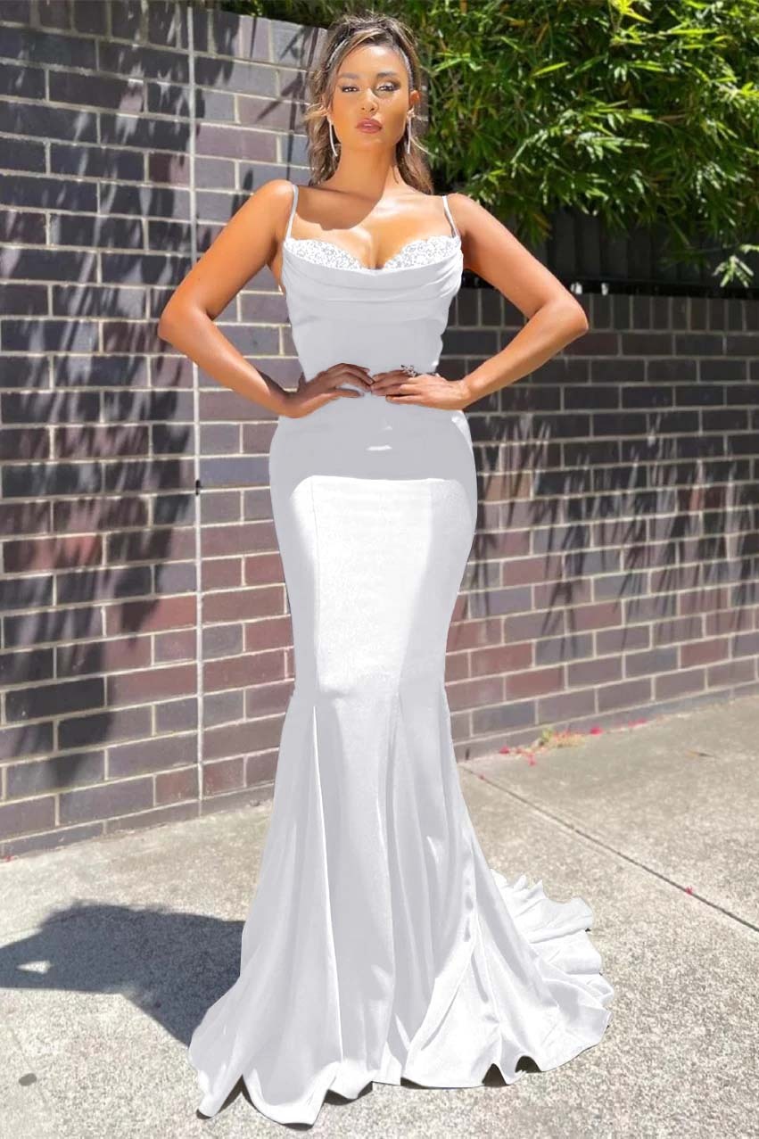 Long Spaghetti Strap Sleeveless Mermaid Ruffles Formal Dress With Beadings