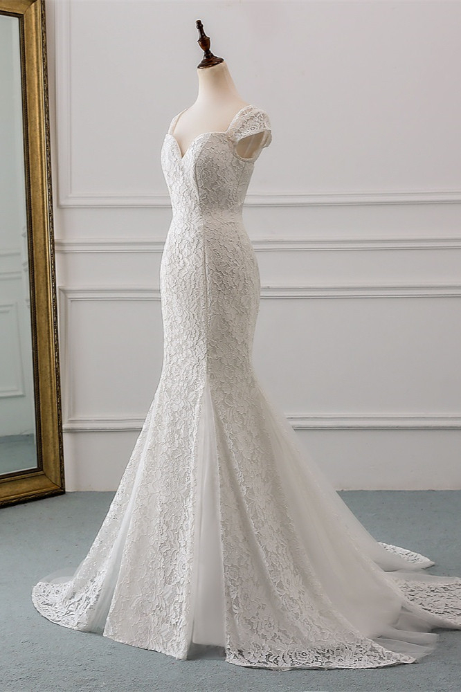 Elegant Mermaid Sweetheart Lace Long Wedding Dress with Cap-Sleeves