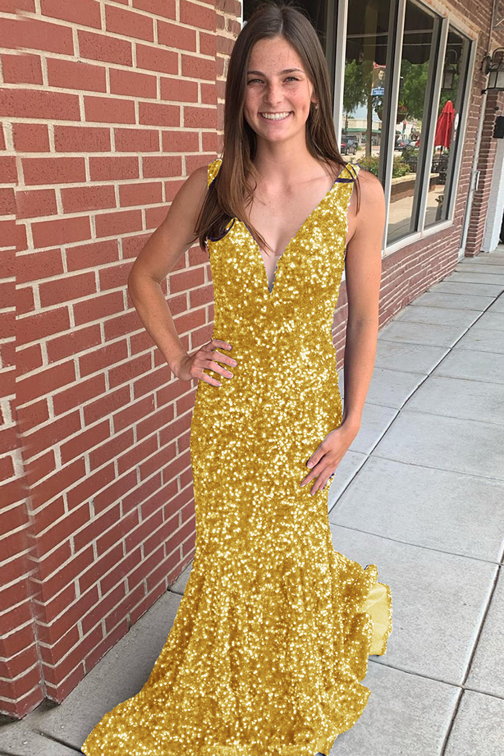 Long Prom Dress with Sequins in Mermaid Blue V-Neck