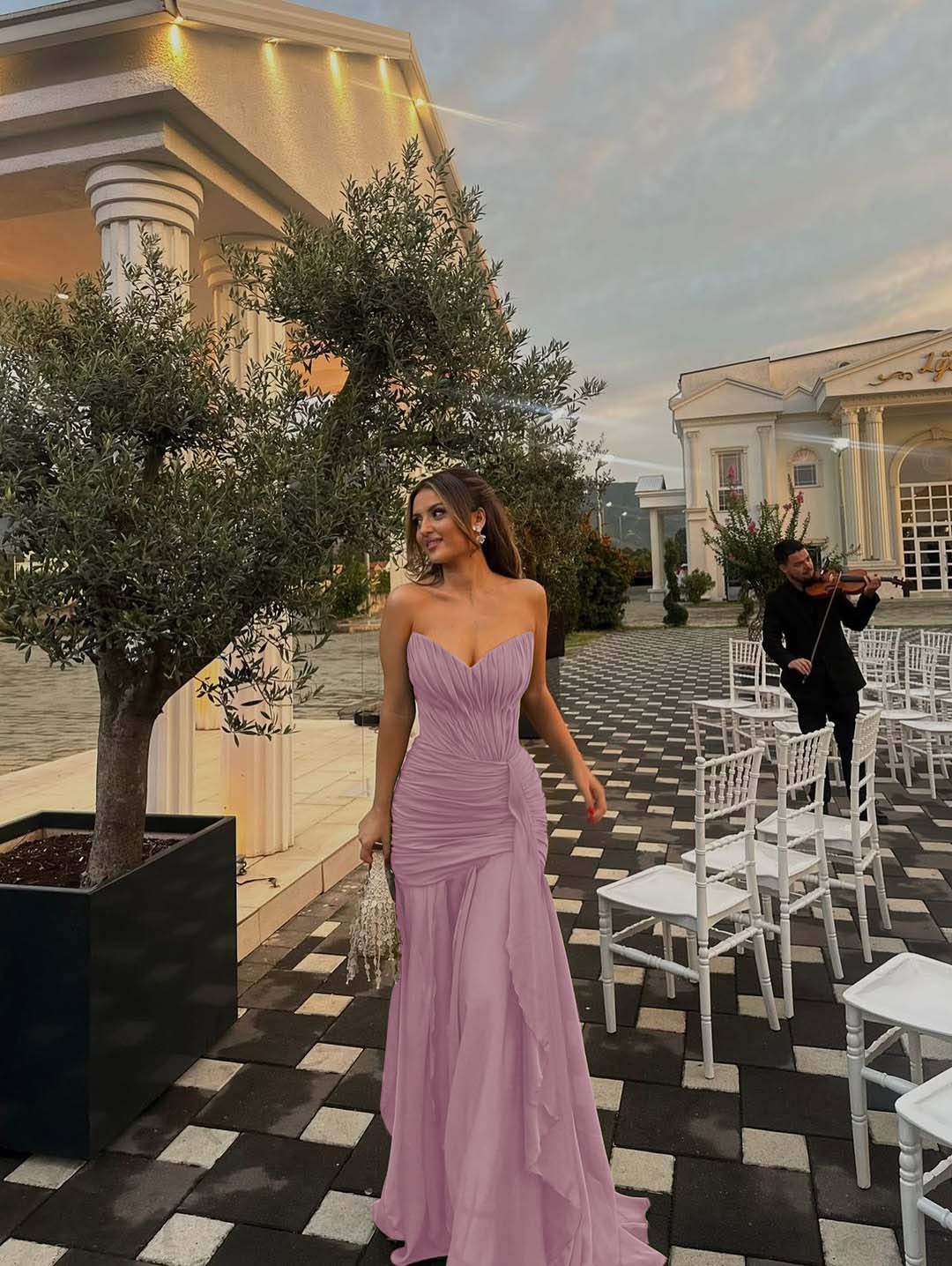 Strapless V Neck Sleeveless Long Formal Dress With Pleated Ruffle