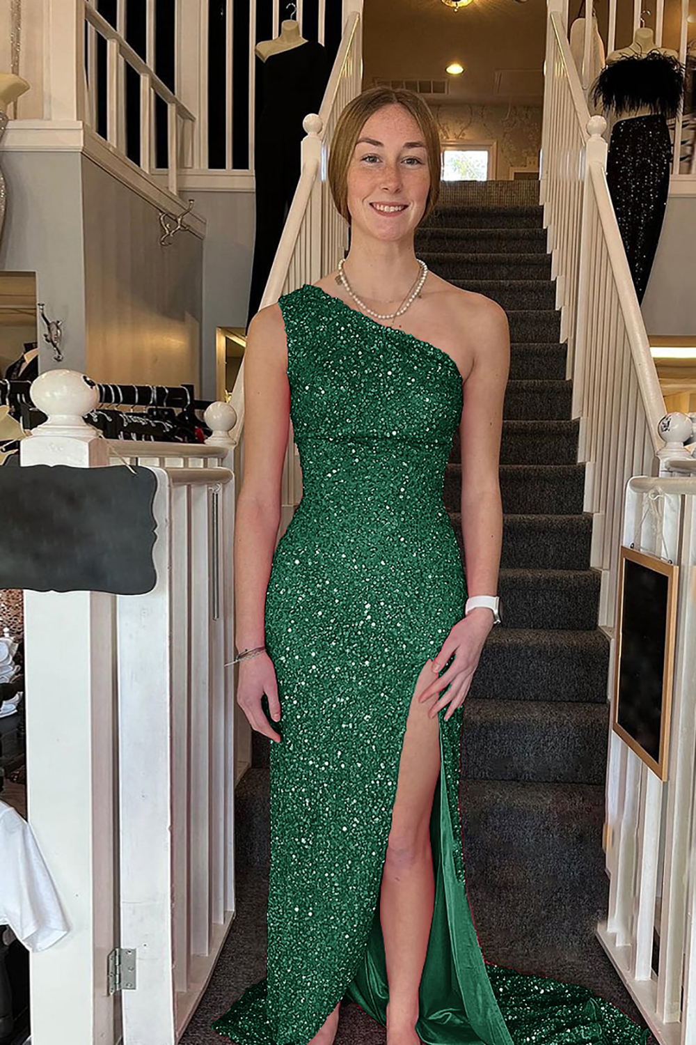 White Sequined Long Prom Gown with One Shoulder and Front Slit
